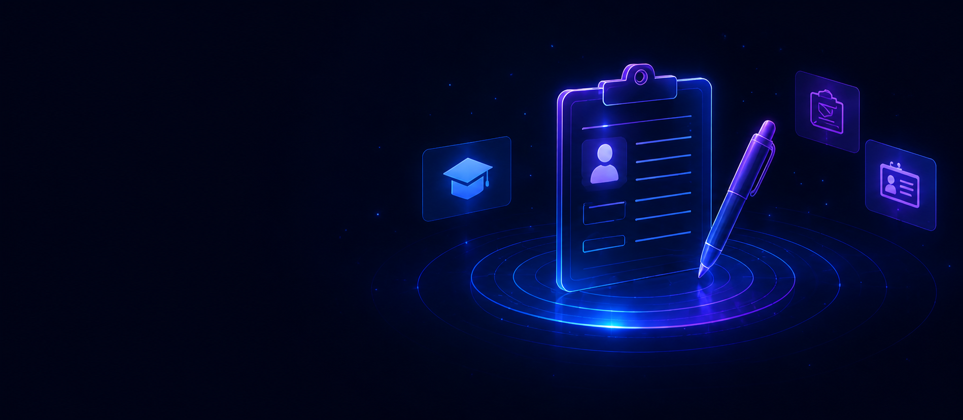 Glowing admission clipboard and pen with education symbols