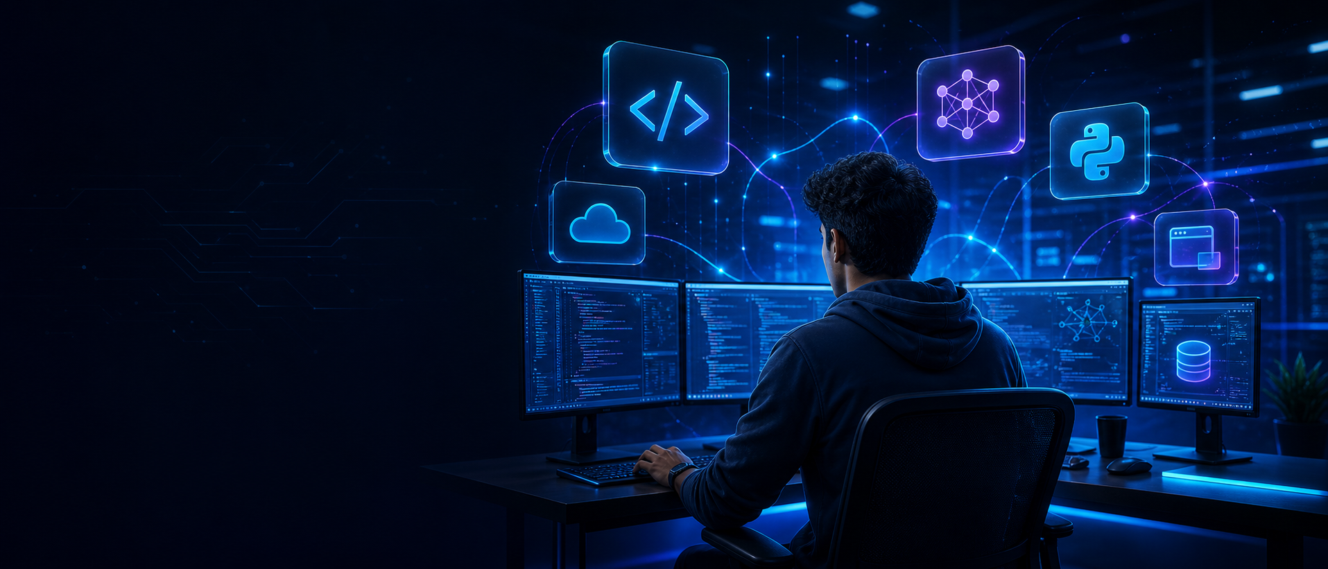 Student viewing code across multiple monitors in a futuristic digital learning lab
