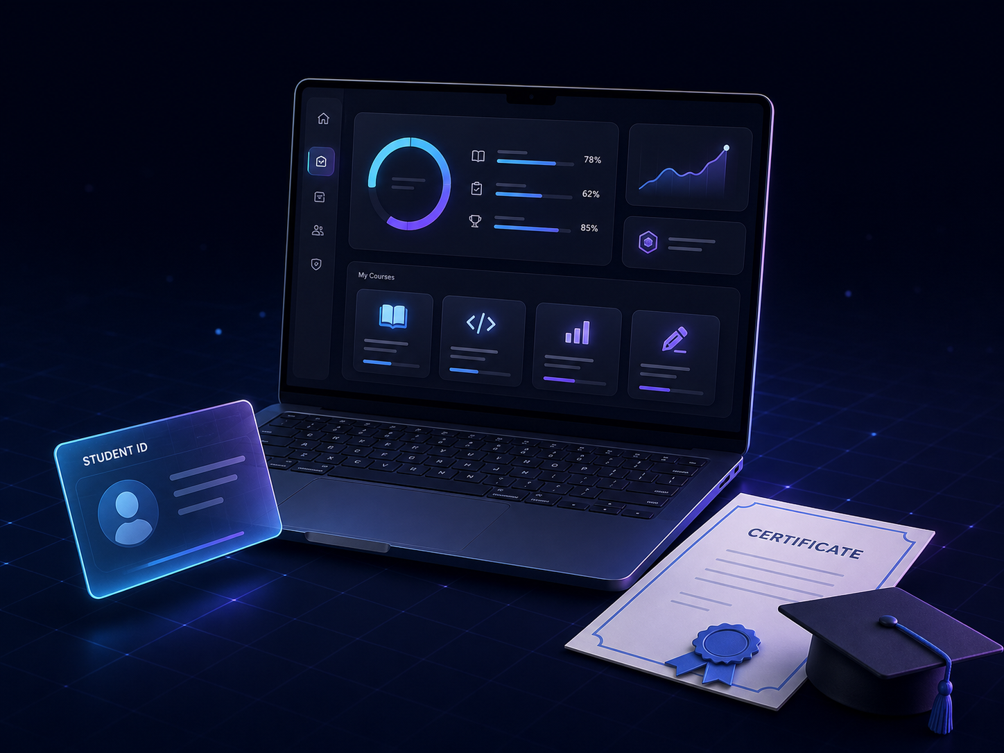 Student dashboard displayed on a futuristic laptop with student ID and certificate